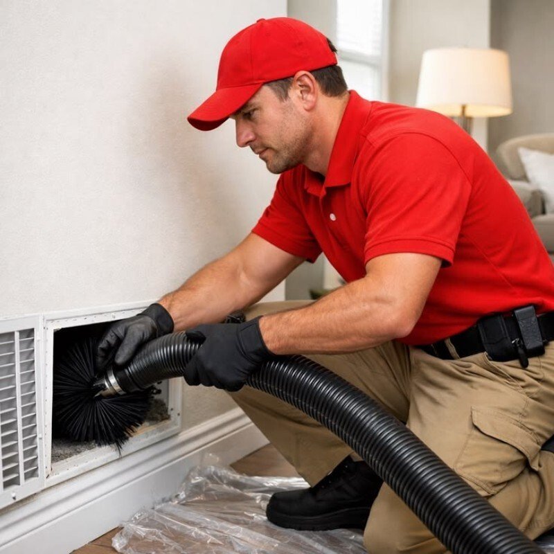 Technician cleaning residential air ducts in a Brooklyn home